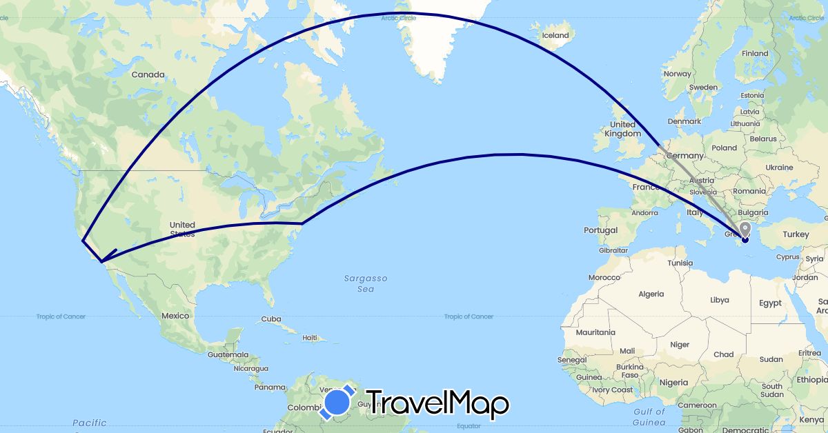 TravelMap itinerary: driving, plane in France, Greece, Netherlands, United States (Europe, North America)